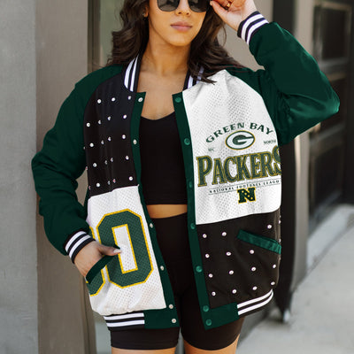 GREEN BAY PACKERS HOT SHOT MIXED MEDIA THROWBACK VARSITY BOMBER JACKET WITH RHINESTONE INSERTS