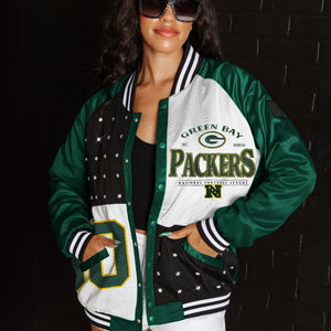 GREEN BAY PACKERS HOT SHOT MIXED MEDIA THROWBACK VARSITY BOMBER JACKET WITH RHINESTONE INSERTS