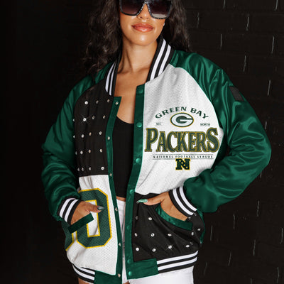 GREEN BAY PACKERS HOT SHOT MIXED MEDIA THROWBACK VARSITY BOMBER JACKET WITH RHINESTONE INSERTS