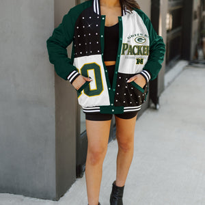 GREEN BAY PACKERS HOT SHOT MIXED MEDIA THROWBACK VARSITY BOMBER JACKET WITH RHINESTONE INSERTS