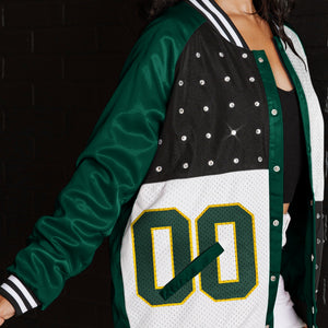 GREEN BAY PACKERS HOT SHOT MIXED MEDIA THROWBACK VARSITY BOMBER JACKET WITH RHINESTONE INSERTS