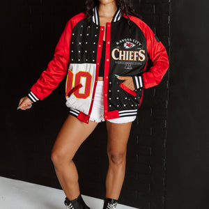 KANSAS CITY CHIEFS HOT SHOT MIXED MEDIA THROWBACK VARSITY BOMBER JACKET WITH RHINESTONE INSERTS