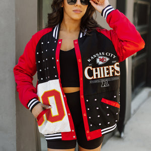 KANSAS CITY CHIEFS HOT SHOT MIXED MEDIA THROWBACK VARSITY BOMBER JACKET WITH RHINESTONE INSERTS