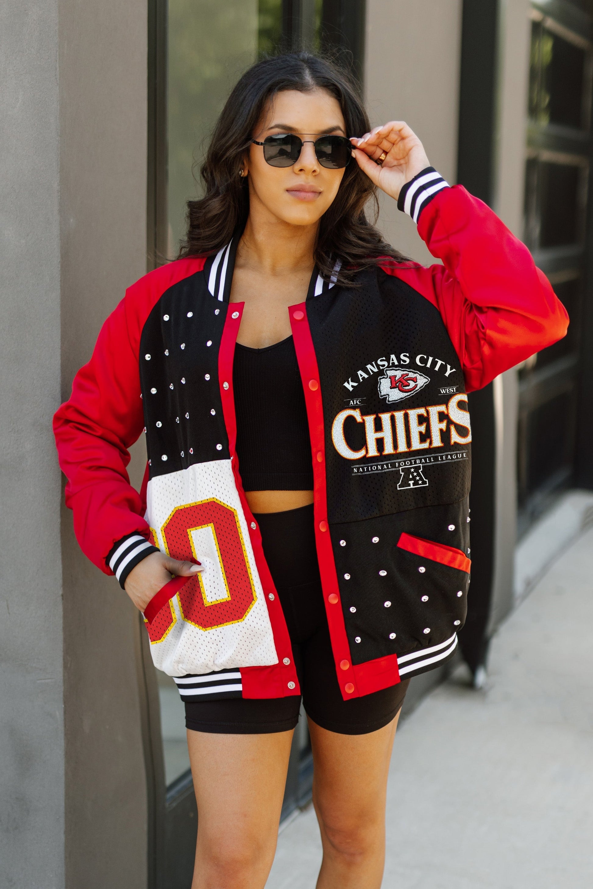 KANSAS CITY CHIEFS HOT SHOT MIXED MEDIA THROWBACK VARSITY BOMBER JACKET WITH RHINESTONE INSERTS