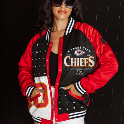 KANSAS CITY CHIEFS HOT SHOT MIXED MEDIA THROWBACK VARSITY BOMBER JACKET WITH RHINESTONE INSERTS