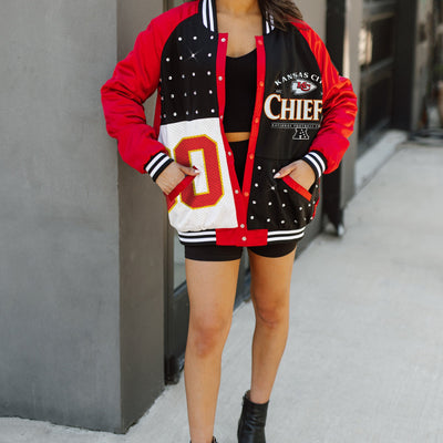 KANSAS CITY CHIEFS HOT SHOT MIXED MEDIA THROWBACK VARSITY BOMBER JACKET WITH RHINESTONE INSERTS