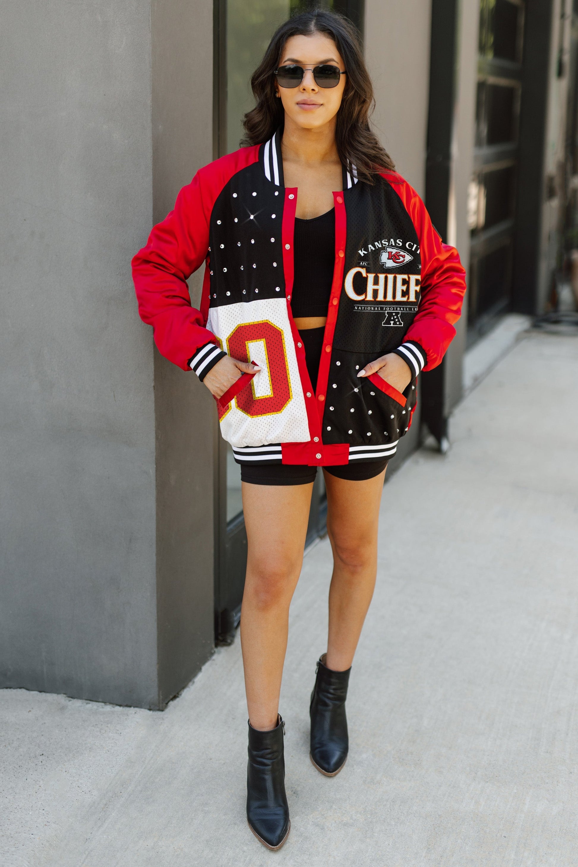KANSAS CITY CHIEFS HOT SHOT MIXED MEDIA THROWBACK VARSITY BOMBER JACKET WITH RHINESTONE INSERTS