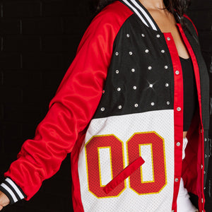 KANSAS CITY CHIEFS HOT SHOT MIXED MEDIA THROWBACK VARSITY BOMBER JACKET WITH RHINESTONE INSERTS