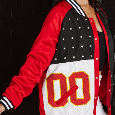KANSAS CITY CHIEFS HOT SHOT MIXED MEDIA THROWBACK VARSITY BOMBER JACKET WITH RHINESTONE INSERTS