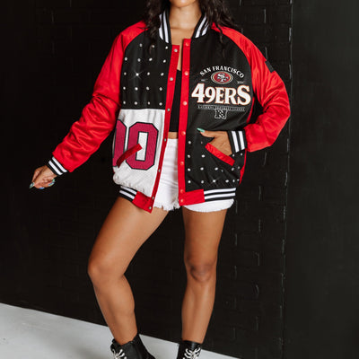 SAN FRANCISCO 49ERS HOT SHOT MIXED MEDIA THROWBACK VARSITY BOMBER JACKET WITH RHINESTONE INSERTS