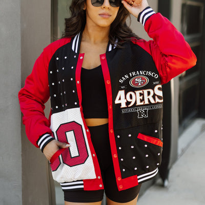 SAN FRANCISCO 49ERS HOT SHOT MIXED MEDIA THROWBACK VARSITY BOMBER JACKET WITH RHINESTONE INSERTS