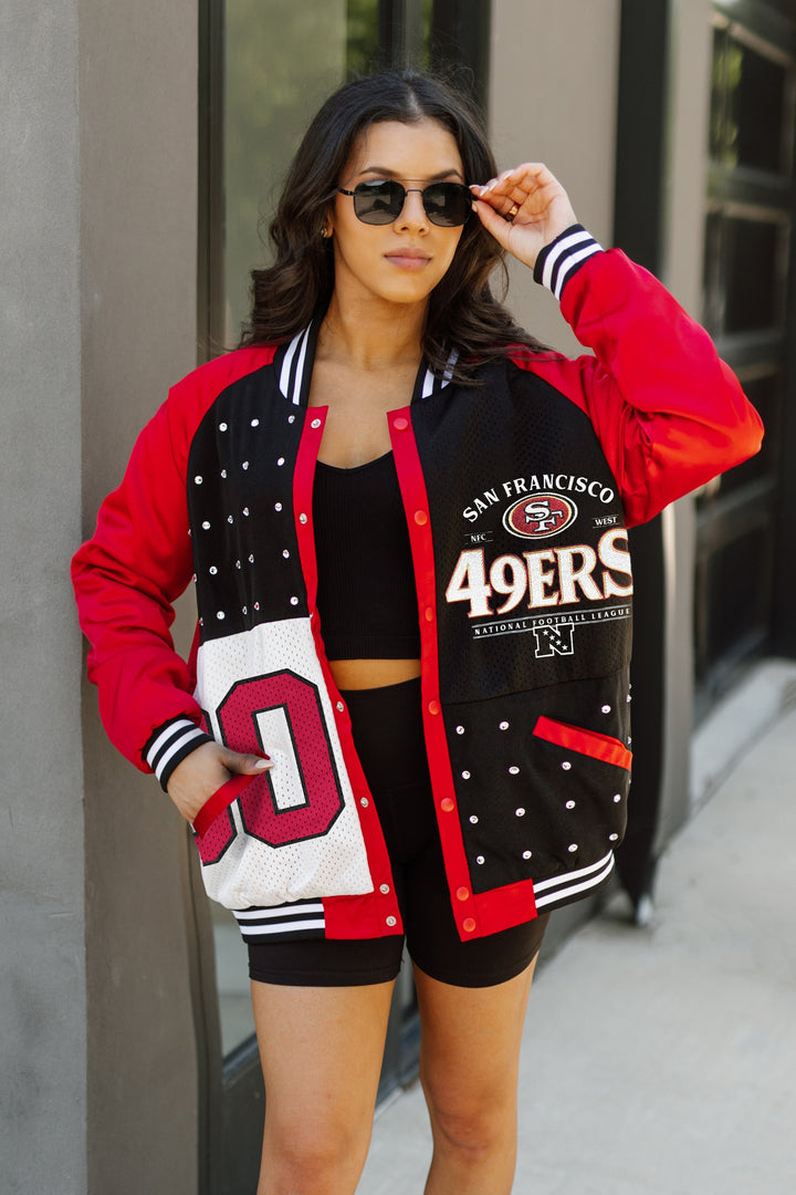 SAN FRANCISCO 49ERS HOT SHOT MIXED MEDIA THROWBACK VARSITY BOMBER JACKET WITH RHINESTONE INSERTS