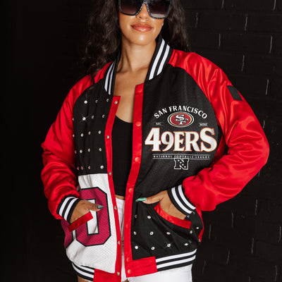 SAN FRANCISCO 49ERS HOT SHOT MIXED MEDIA THROWBACK VARSITY BOMBER JACKET WITH RHINESTONE INSERTS