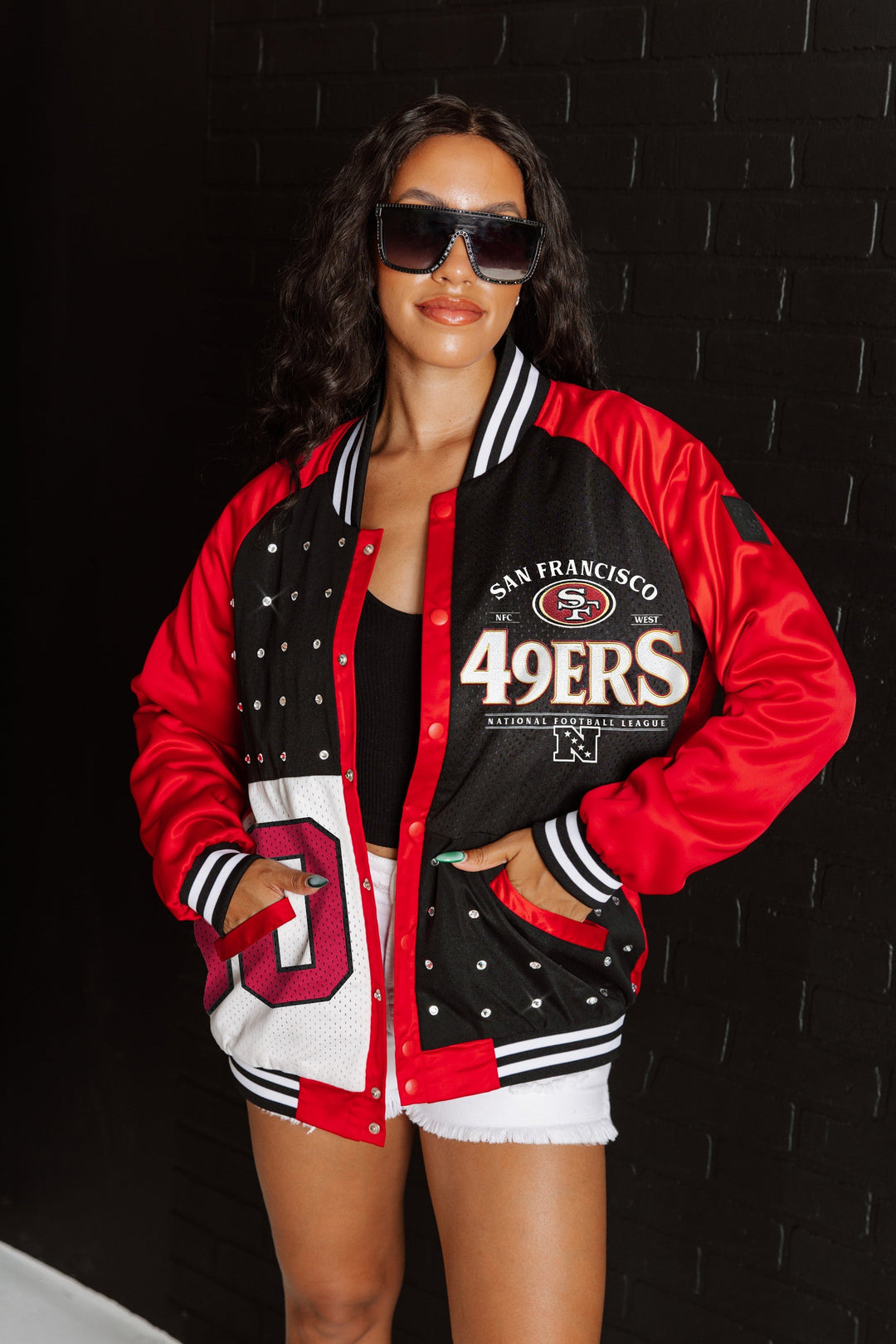 SAN FRANCISCO 49ERS HOT SHOT MIXED MEDIA THROWBACK VARSITY BOMBER JACKET WITH RHINESTONE INSERTS