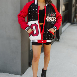 SAN FRANCISCO 49ERS HOT SHOT MIXED MEDIA THROWBACK VARSITY BOMBER JACKET WITH RHINESTONE INSERTS