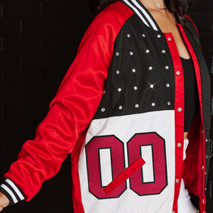 SAN FRANCISCO 49ERS HOT SHOT MIXED MEDIA THROWBACK VARSITY BOMBER JACKET WITH RHINESTONE INSERTS