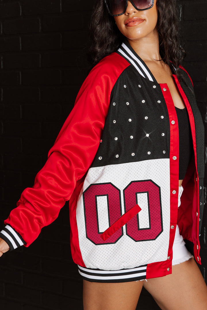 SAN FRANCISCO 49ERS HOT SHOT MIXED MEDIA THROWBACK VARSITY BOMBER JACKET WITH RHINESTONE INSERTS