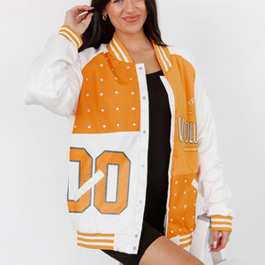 TENNESSEE VOLUNTEERS HOT SHOT MIXED MEDIA THROWBACK VARSITY BOMBER JACKET WITH RHINESTONE INSERTS BY MADI PREWETT TROUTT