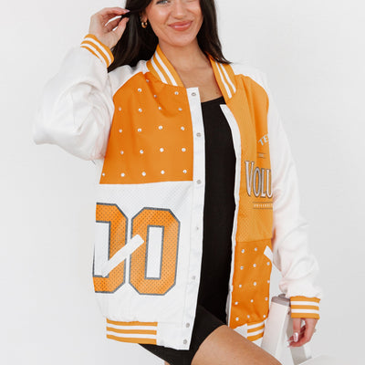 TENNESSEE VOLUNTEERS HOT SHOT MIXED MEDIA THROWBACK VARSITY BOMBER JACKET WITH RHINESTONE INSERTS BY MADI PREWETT TROUTT