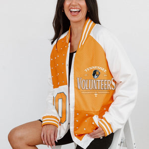 TENNESSEE VOLUNTEERS HOT SHOT MIXED MEDIA THROWBACK VARSITY BOMBER JACKET WITH RHINESTONE INSERTS BY MADI PREWETT TROUTT