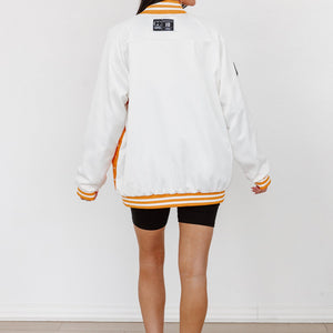 TENNESSEE VOLUNTEERS HOT SHOT MIXED MEDIA THROWBACK VARSITY BOMBER JACKET WITH RHINESTONE INSERTS BY MADI PREWETT TROUTT