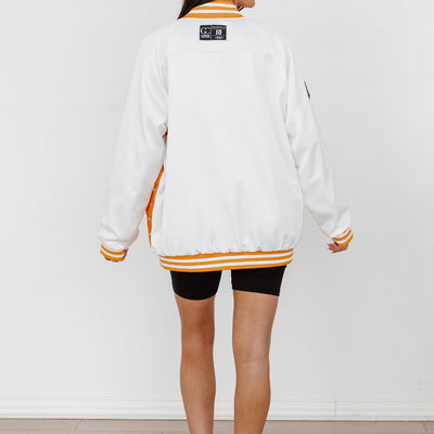 TENNESSEE VOLUNTEERS HOT SHOT MIXED MEDIA THROWBACK VARSITY BOMBER JACKET WITH RHINESTONE INSERTS BY MADI PREWETT TROUTT