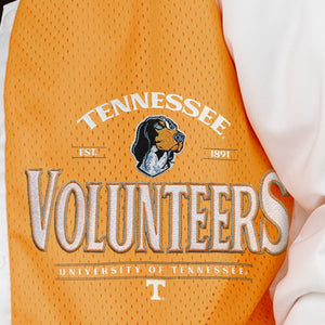 TENNESSEE VOLUNTEERS HOT SHOT MIXED MEDIA THROWBACK VARSITY BOMBER JACKET WITH RHINESTONE INSERTS BY MADI PREWETT TROUTT