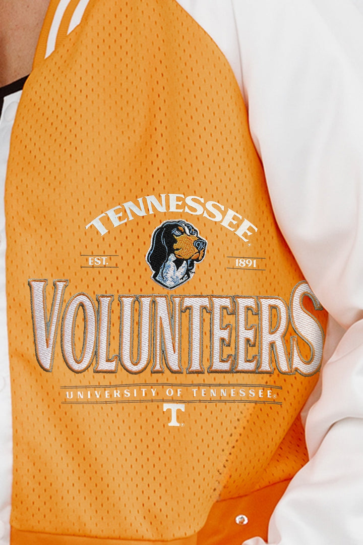 TENNESSEE VOLUNTEERS HOT SHOT MIXED MEDIA THROWBACK VARSITY BOMBER JACKET WITH RHINESTONE INSERTS BY MADI PREWETT TROUTT