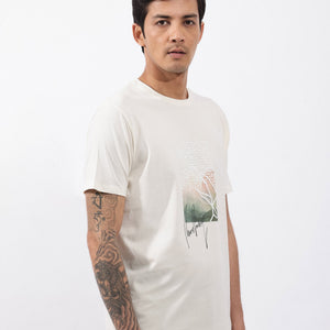 Rare Rabbit Articale Mens Oak Off White Cotton Polyester Fabric Short Sleeve Crew Neck Regular Fit Printed T-Shirt