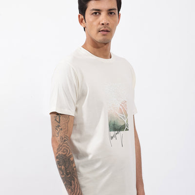 Rare Rabbit Articale Mens Oak Off White Cotton Polyester Fabric Short Sleeve Crew Neck Regular Fit Printed T-Shirt