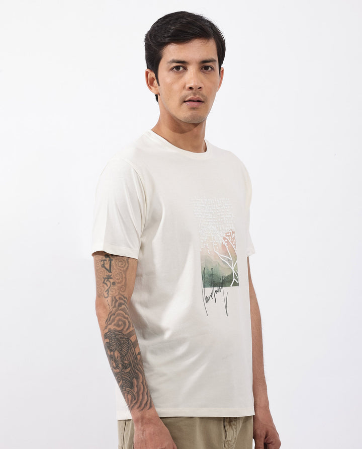 Rare Rabbit Articale Mens Oak Off White Cotton Polyester Fabric Short Sleeve Crew Neck Regular Fit Printed T-Shirt