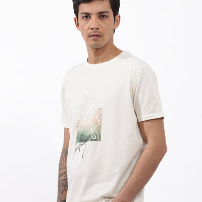Rare Rabbit Articale Mens Oak Off White Cotton Polyester Fabric Short Sleeve Crew Neck Regular Fit Printed T-Shirt