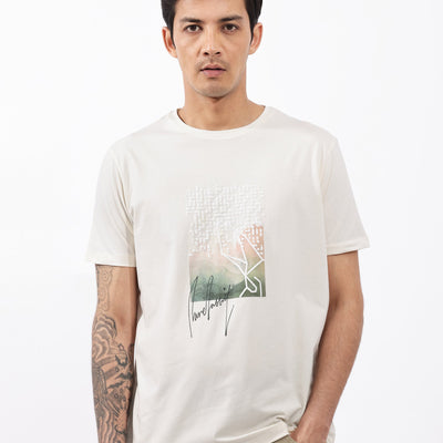 Rare Rabbit Articale Mens Oak Off White Cotton Polyester Fabric Short Sleeve Crew Neck Regular Fit Printed T-Shirt