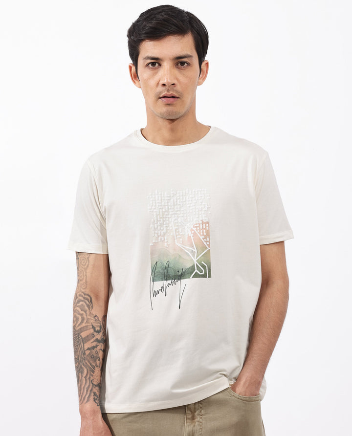 Rare Rabbit Articale Mens Oak Off White Cotton Polyester Fabric Short Sleeve Crew Neck Regular Fit Printed T-Shirt