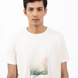 Rare Rabbit Articale Mens Oak Off White Cotton Polyester Fabric Short Sleeve Crew Neck Regular Fit Printed T-Shirt