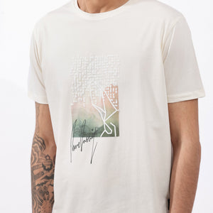 Rare Rabbit Articale Mens Oak Off White Cotton Polyester Fabric Short Sleeve Crew Neck Regular Fit Printed T-Shirt
