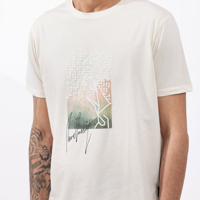 Rare Rabbit Articale Mens Oak Off White Cotton Polyester Fabric Short Sleeve Crew Neck Regular Fit Printed T-Shirt