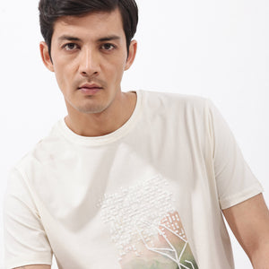 Rare Rabbit Articale Mens Oak Off White Cotton Polyester Fabric Short Sleeve Crew Neck Regular Fit Printed T-Shirt