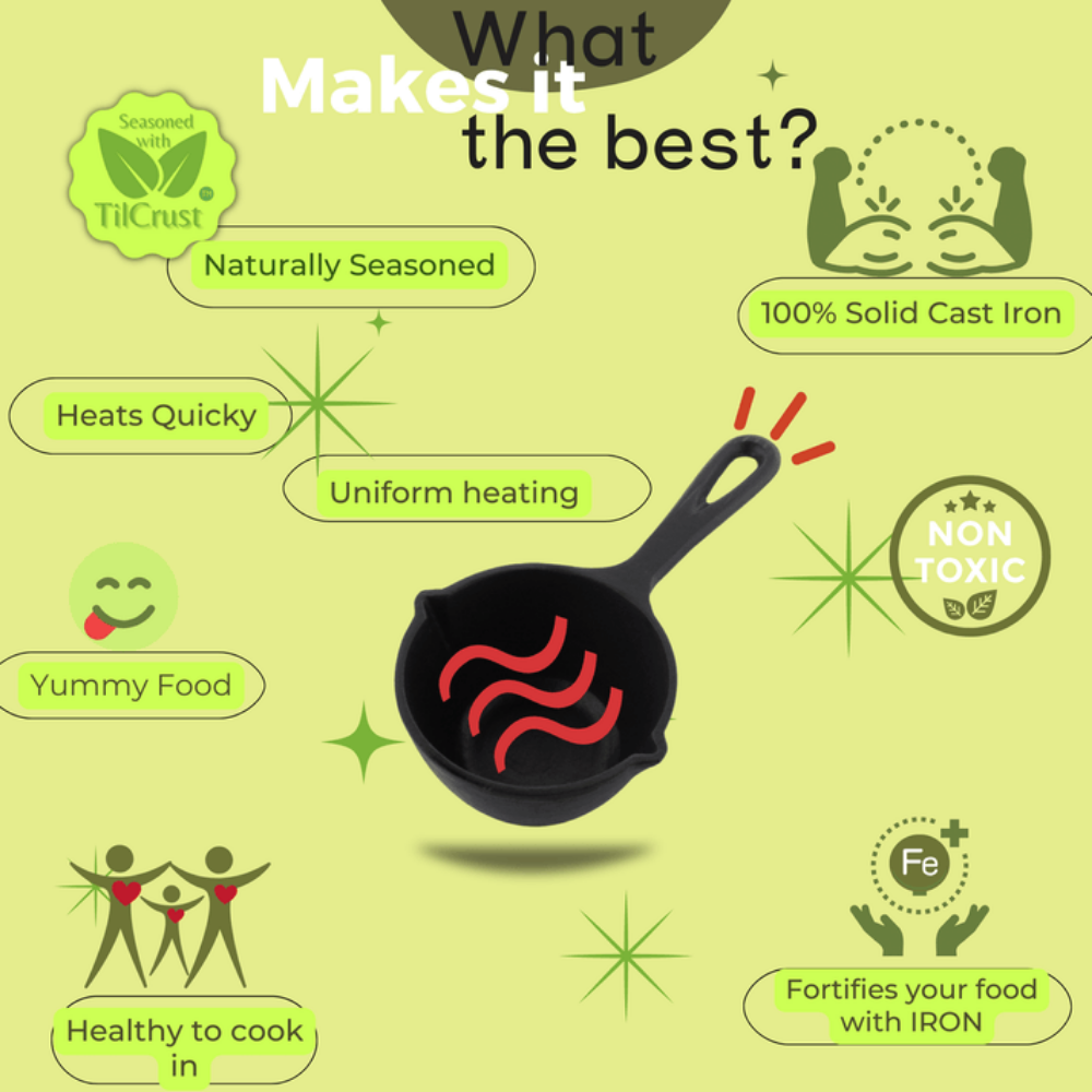 Trilonium Triple Seasoned Cast Iron Tadka Pan | Gas & Induction Compatible | Black