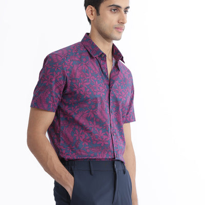 Rare Rabbit Men's Olars Navy Cotton Fabric Half Sleeves Floral Print Shirt