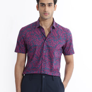 Rare Rabbit Men's Olars Navy Cotton Fabric Half Sleeves Floral Print Shirt