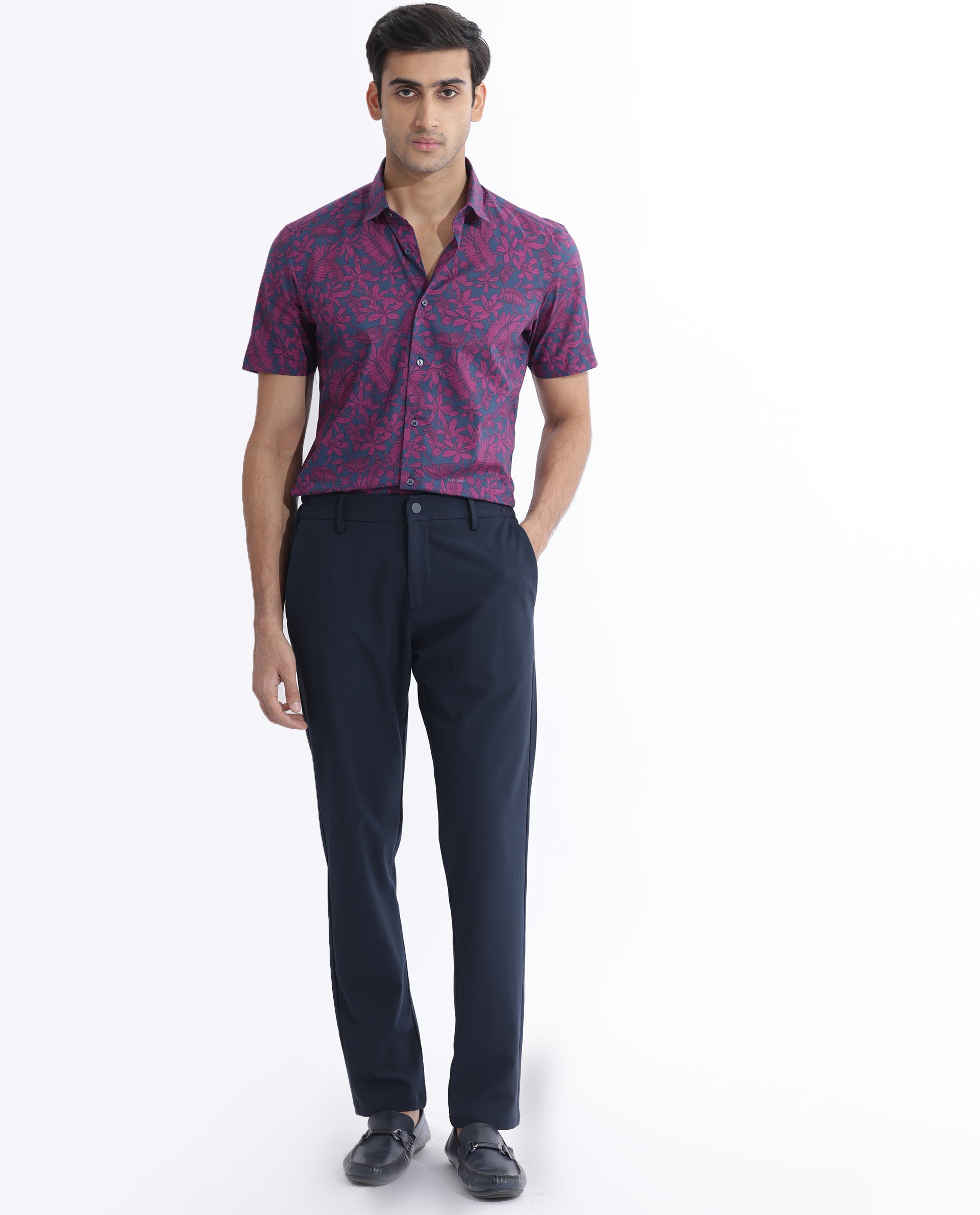 Rare Rabbit Men's Olars Navy Cotton Fabric Half Sleeves Floral Print Shirt