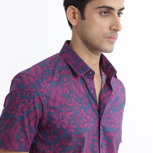 Rare Rabbit Men's Olars Navy Cotton Fabric Half Sleeves Floral Print Shirt