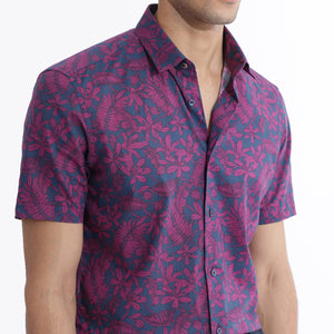 Rare Rabbit Men's Olars Navy Cotton Fabric Half Sleeves Floral Print Shirt