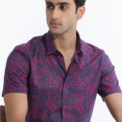 Rare Rabbit Men's Olars Navy Cotton Fabric Half Sleeves Floral Print Shirt