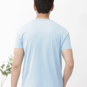Rare Rabbit Mens Olios Light Blue Cotton Fabric Short Sleeve Crew Neck Satin Print T-Shirt