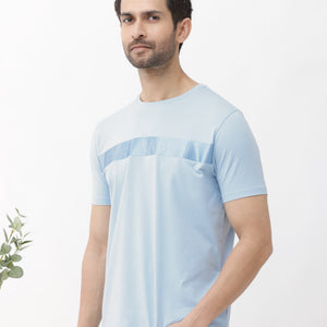 Rare Rabbit Mens Olios Light Blue Cotton Fabric Short Sleeve Crew Neck Satin Print T-Shirt