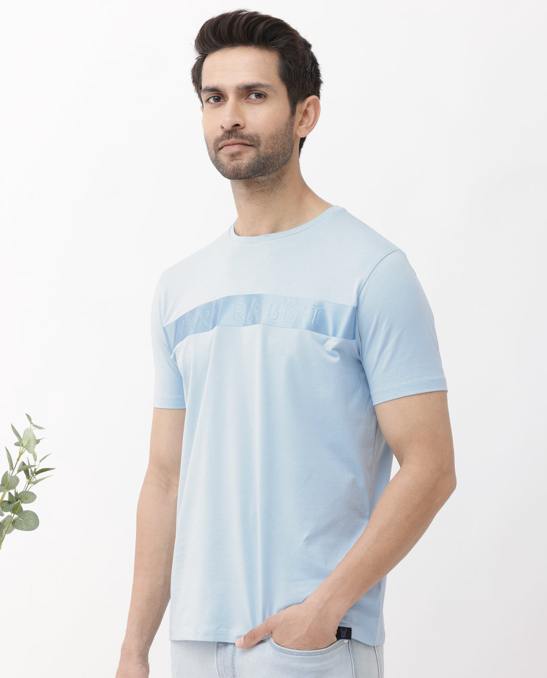 Rare Rabbit Mens Olios Light Blue Cotton Fabric Short Sleeve Crew Neck Satin Print T-Shirt