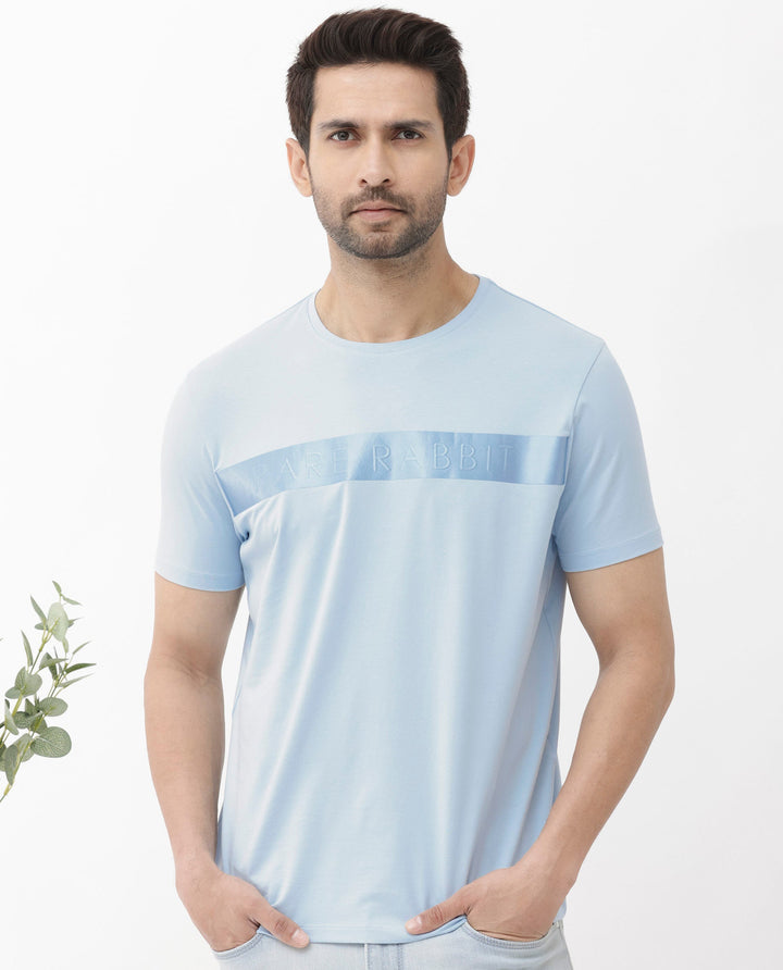 Rare Rabbit Mens Olios Light Blue Cotton Fabric Short Sleeve Crew Neck Satin Print T-Shirt