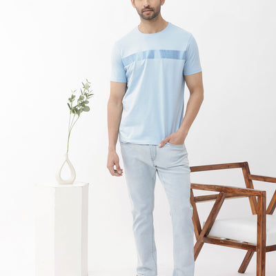 Rare Rabbit Mens Olios Light Blue Cotton Fabric Short Sleeve Crew Neck Satin Print T-Shirt